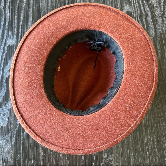 Hand-Embroidered Wool-Blend Adjustable Floral Burnt Orange Fedora Wide Brim Hat - Picture 8 of 11